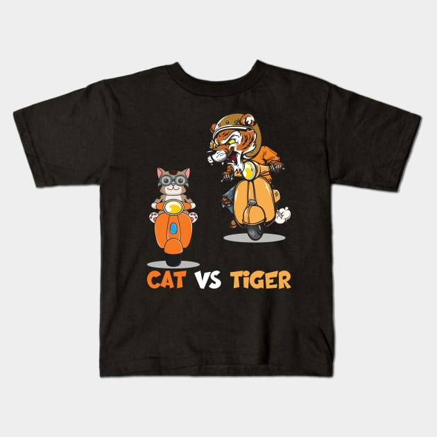 Cat Vs Tiger Riding Kids T-Shirt by RajaGraphica